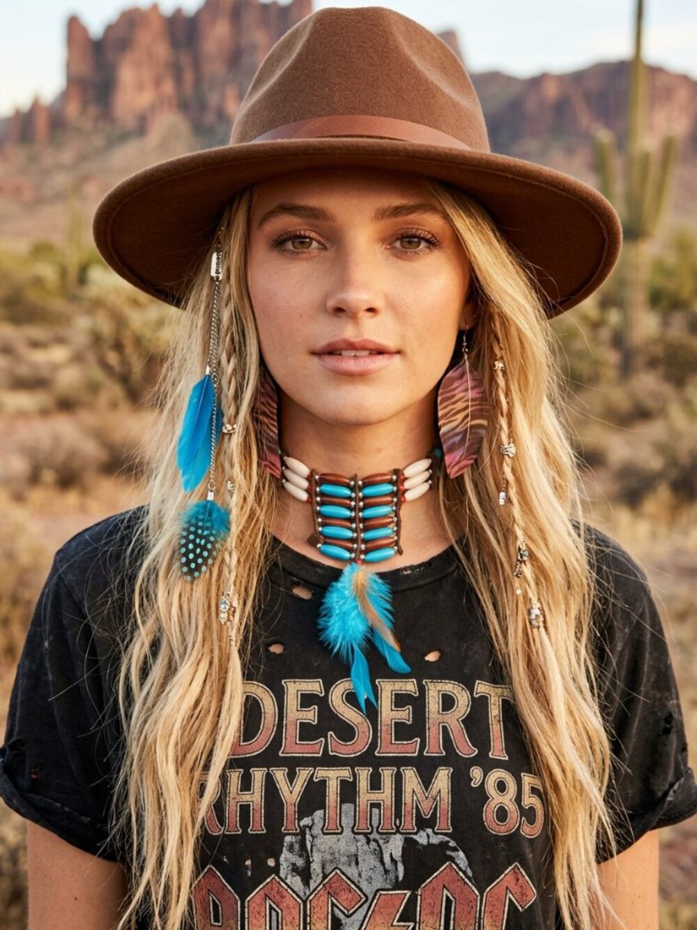 3 items= BOHO Turquoise Brown Feather Choker Necklace - Earrings - Hair Clip